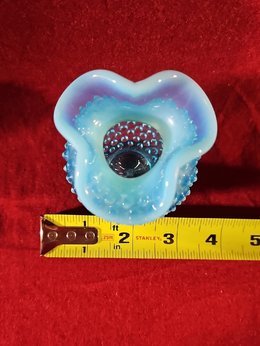 VTG Fenton Blue Opalescent Glass Hobnail Tricorn Purple Hue Crimped Rim Vase